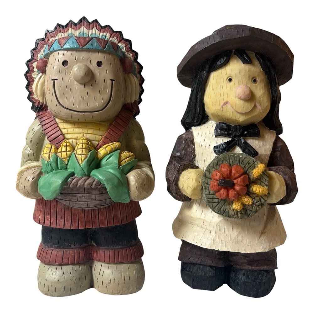 Vintage-Style Thanksgiving Pilgrim Couple 9" Figurines – Set of 2